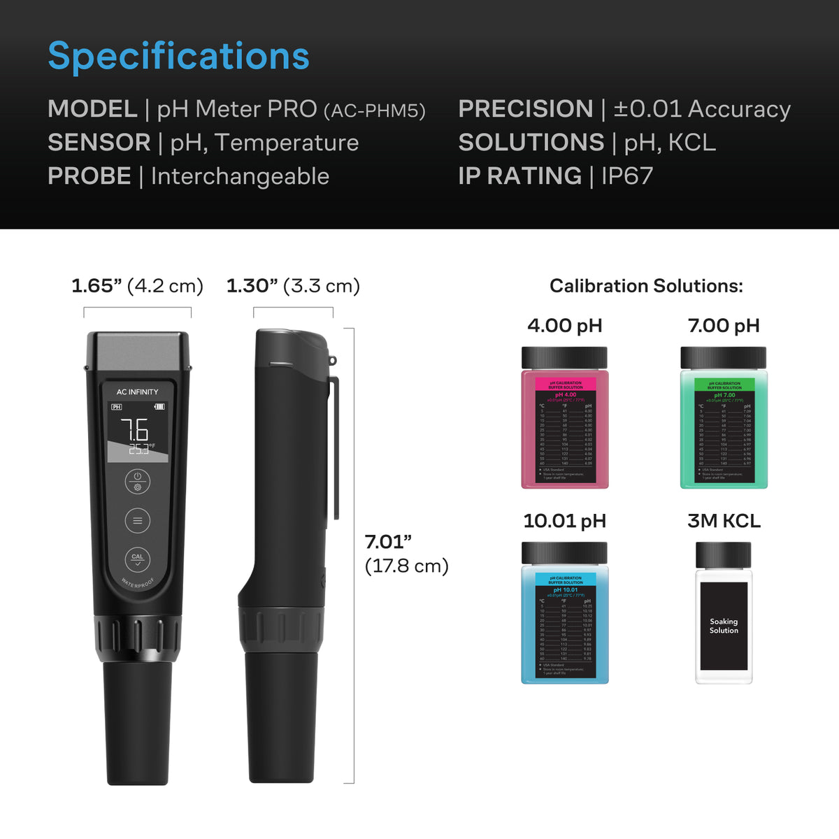 AC Infinity pH Meter PRO specification chart with four solution sachets
