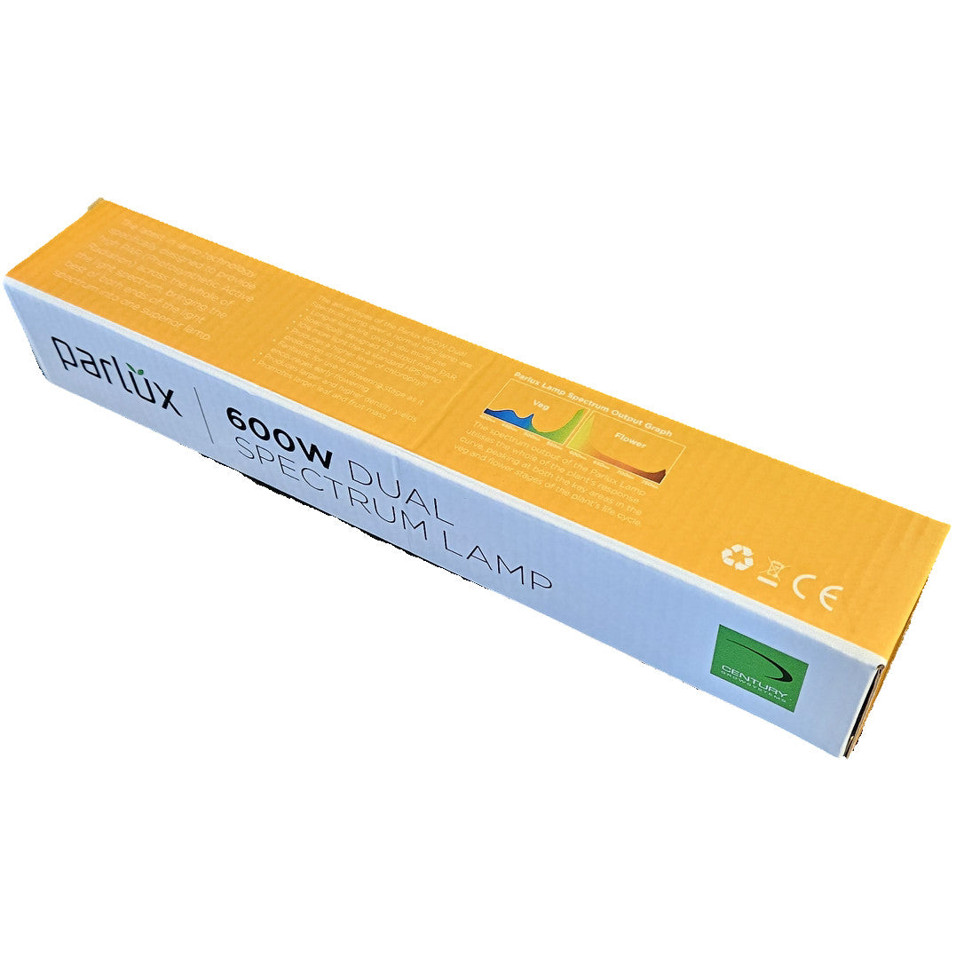 Parlux 600W Dual Spectrum Lamp box, showing the Parlux branding and spectrum output graph