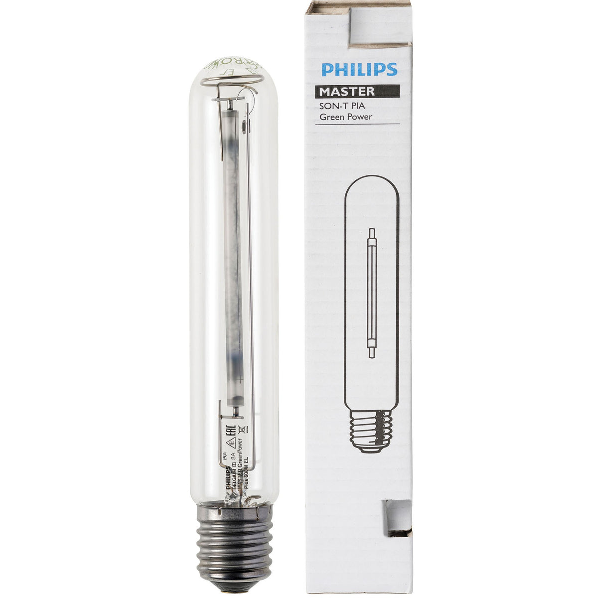 Philips Master SON-T PIA Plus 600W HPS Bulb shown beside its retail box, printed 'MASTER SON-T PIA Green Power Plus 600W EL'