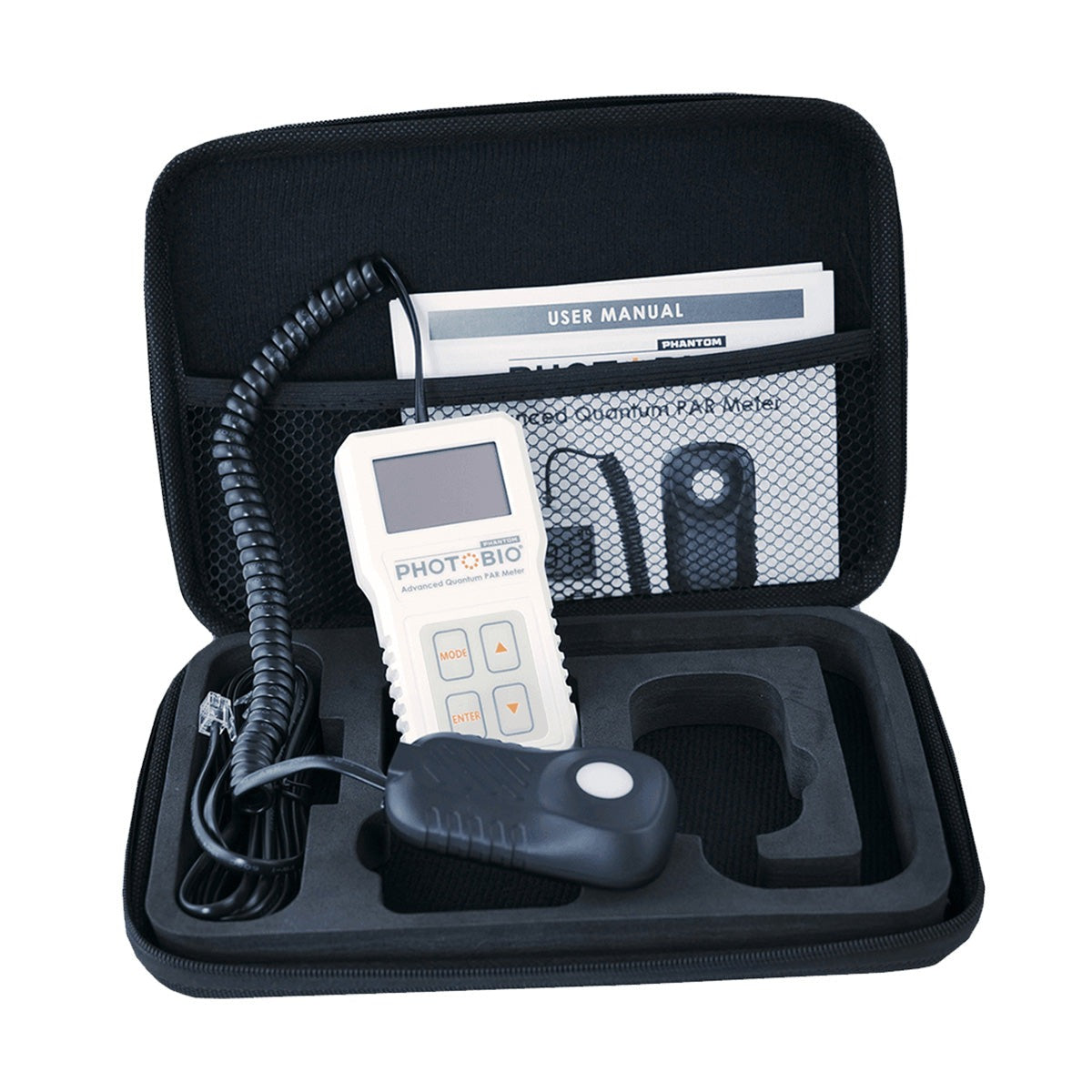 PHOTOBIO Advanced Quantum PAR Meter kit in its open carrying case with sensor and manual