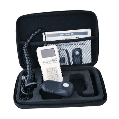 PHOTOBIO Advanced Quantum PAR Meter kit in its open carrying case with sensor and manual