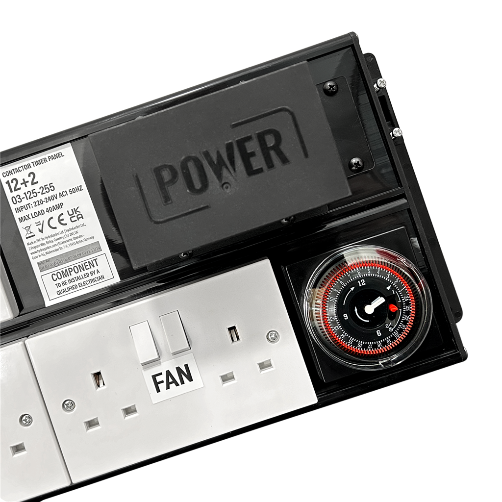 POWER 12+2 Contactor Timer Panel close-up of the rating label, FAN sockets and 24-hour segment timer
