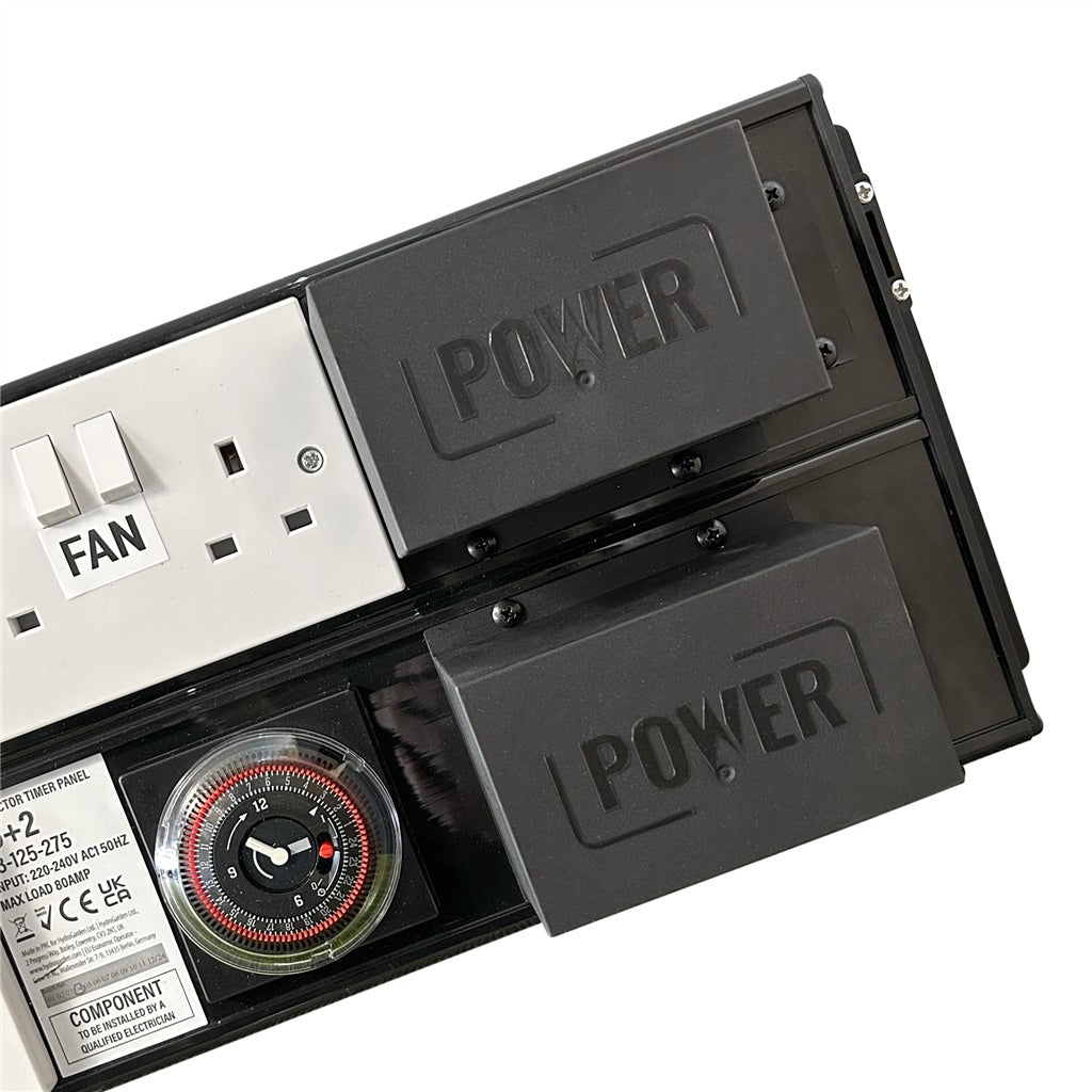 POWER 16+2 Contactor Timer Panel close-up of the twin contactor housings, FAN socket and 24-hour timer
