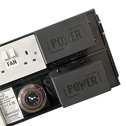 POWER 16+2 Contactor Timer Panel close-up of the twin contactor housings, FAN socket and 24-hour timer