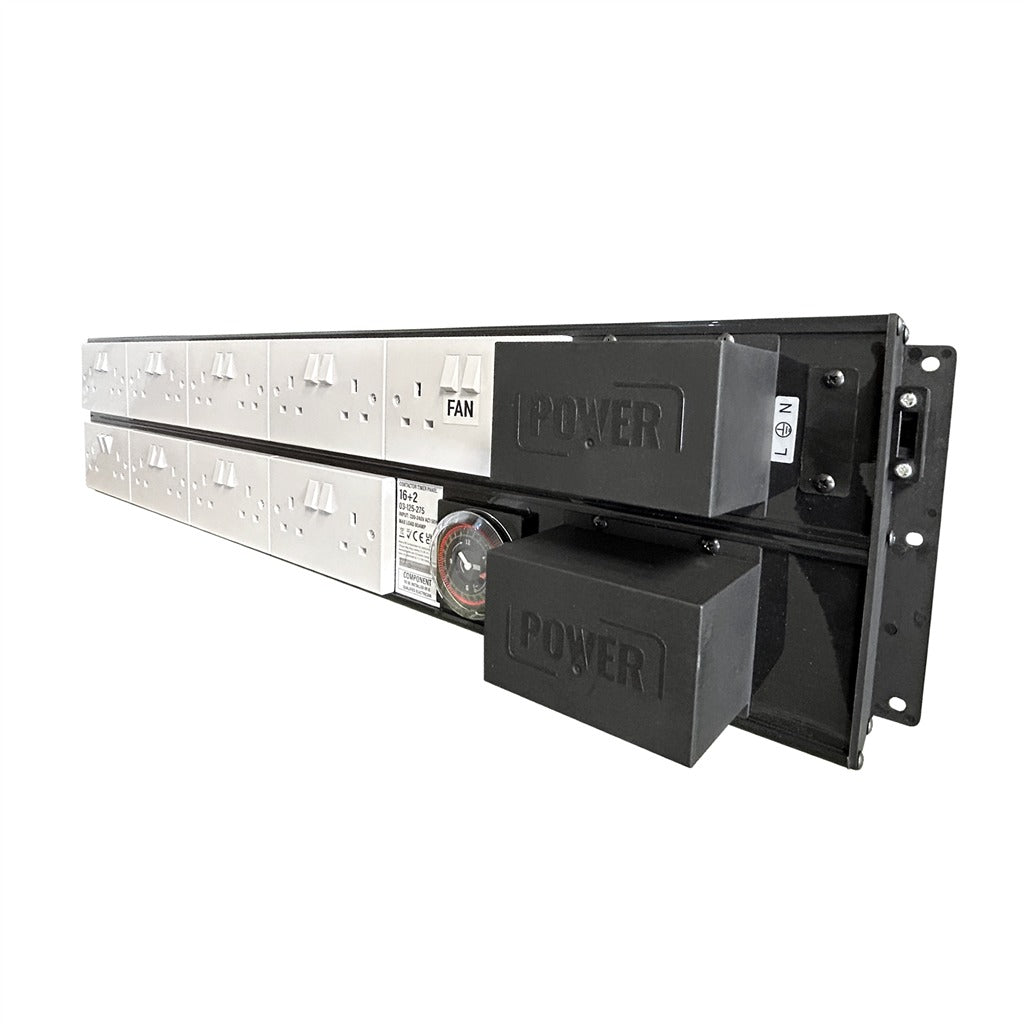 POWER 16+2 Contactor Timer Panel at an angle showing both socket rows