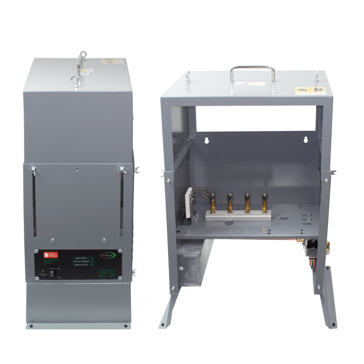 Pro-Leaf LPG CO2 Generator 4 burner model, front control panel and open view of the burners and gas valves