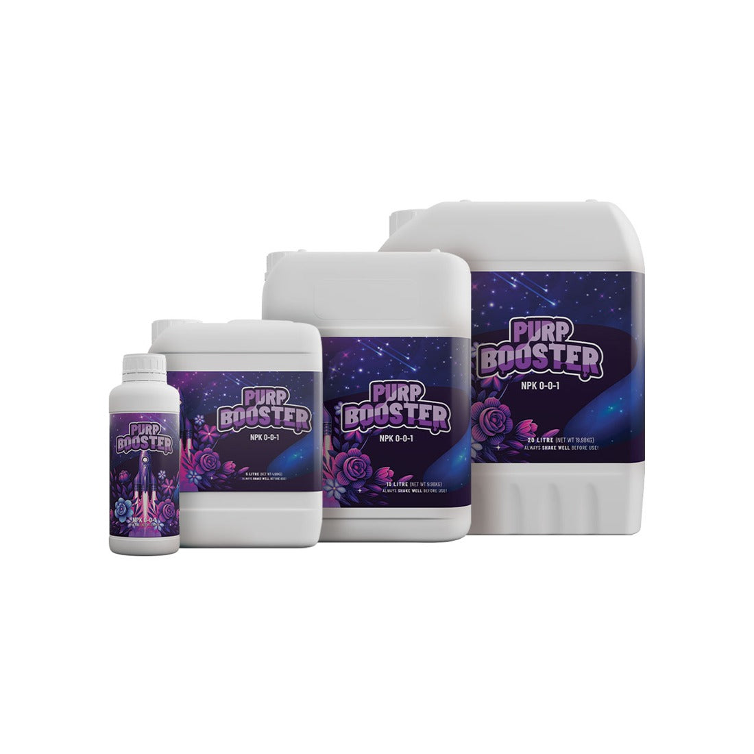 Plant Life Purp Booster range — 1L bottle with 5L, 10L and 20L containers