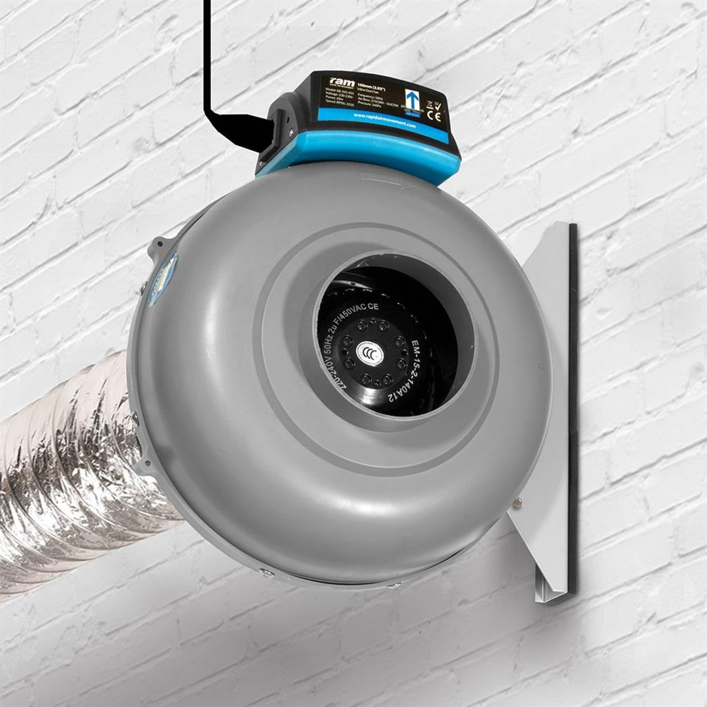 RAM & Mountain Air Kit RAM Inline Duct Fan wall-mounted on its bracket with ducting attached