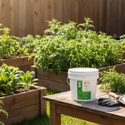 RAW Grow bucket on a garden table beside raised beds