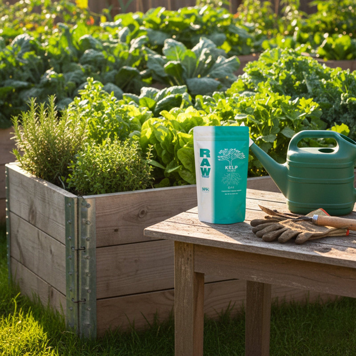 RAW Kelp on a garden table beside raised beds