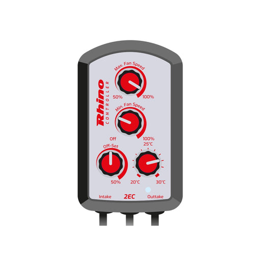 Rhino 2EC Fan Controller — front view with speed, off-set and temperature dials and intake and outtake leads