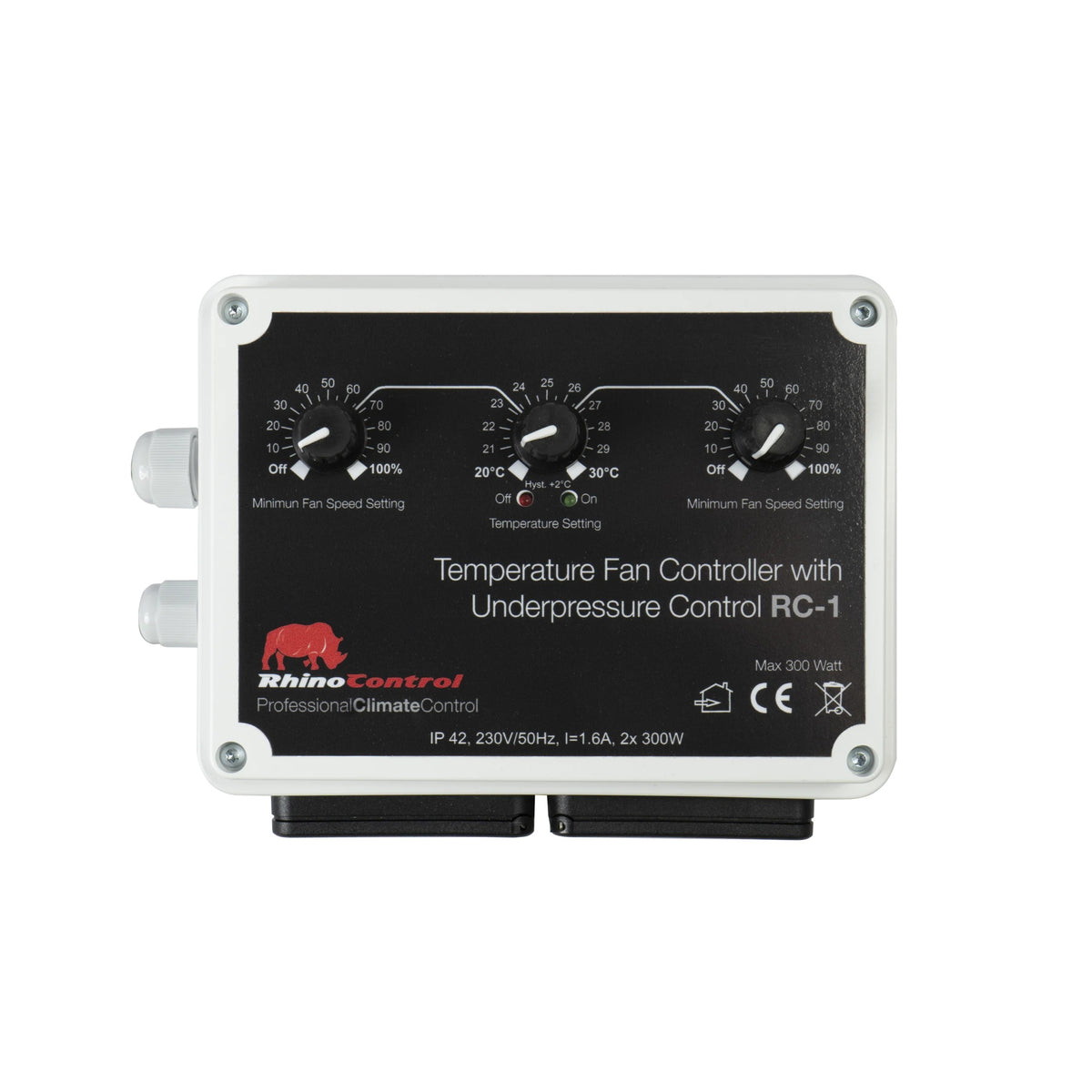 Rhino AC RC-1 Fan Controller — front panel with two minimum fan speed dials and temperature dial
