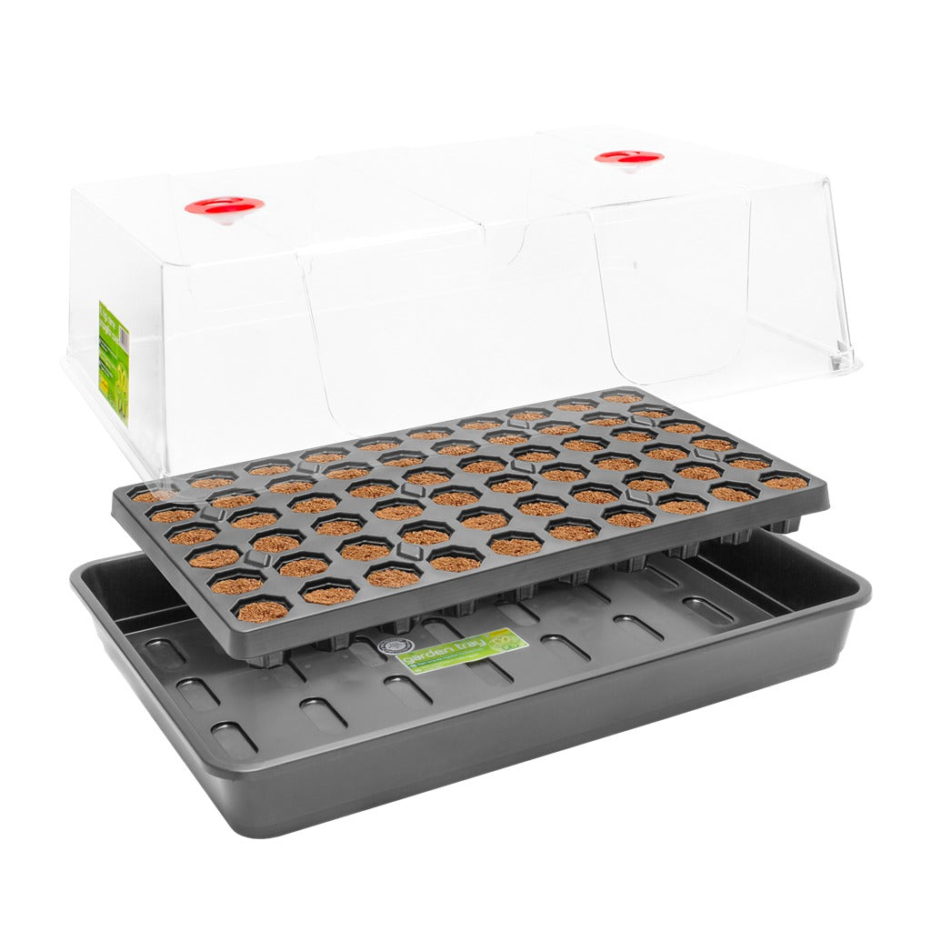 Root!T 60 Cell Heated Propagator Kit – Garland propagator base, high-dome lid and the 60-cell plug tray