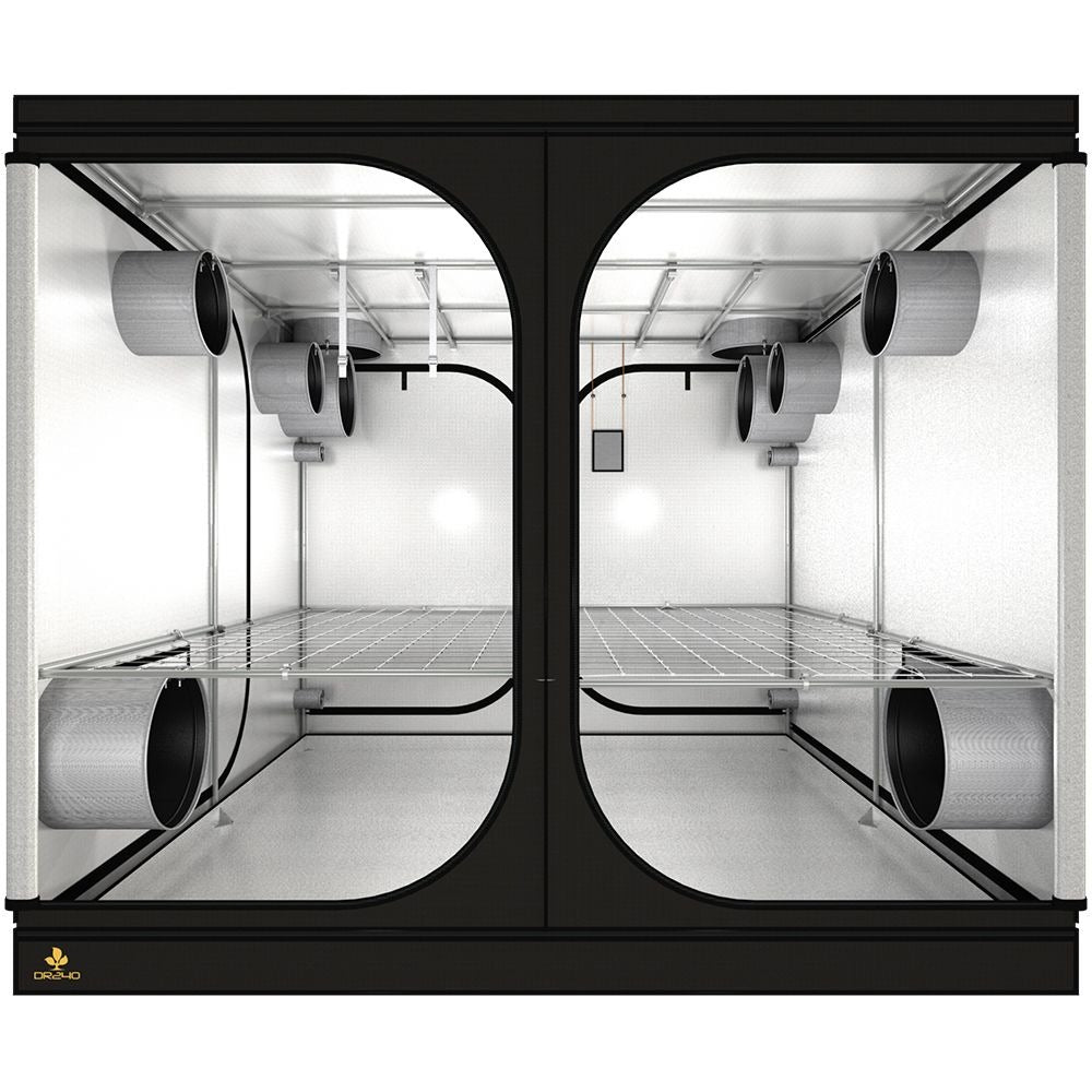 Secret Jardin Dark Room Grow Tent – DR240 R3 from the front, both doors open, with ducting socks and WebIT net