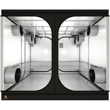 Secret Jardin Dark Room Grow Tent – DR240 R3 from the front, both doors open, with ducting socks and WebIT net
