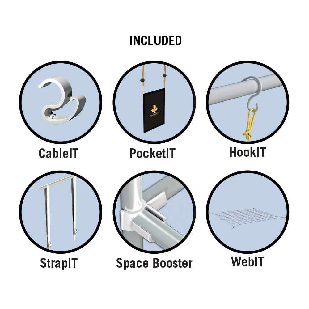Secret Jardin Dark Room Grow Tent – accessories supplied with the DR240 R3 and DR300W R3: CableIT, PocketIT, HookIT, StrapIT, Space Booster and WebIT