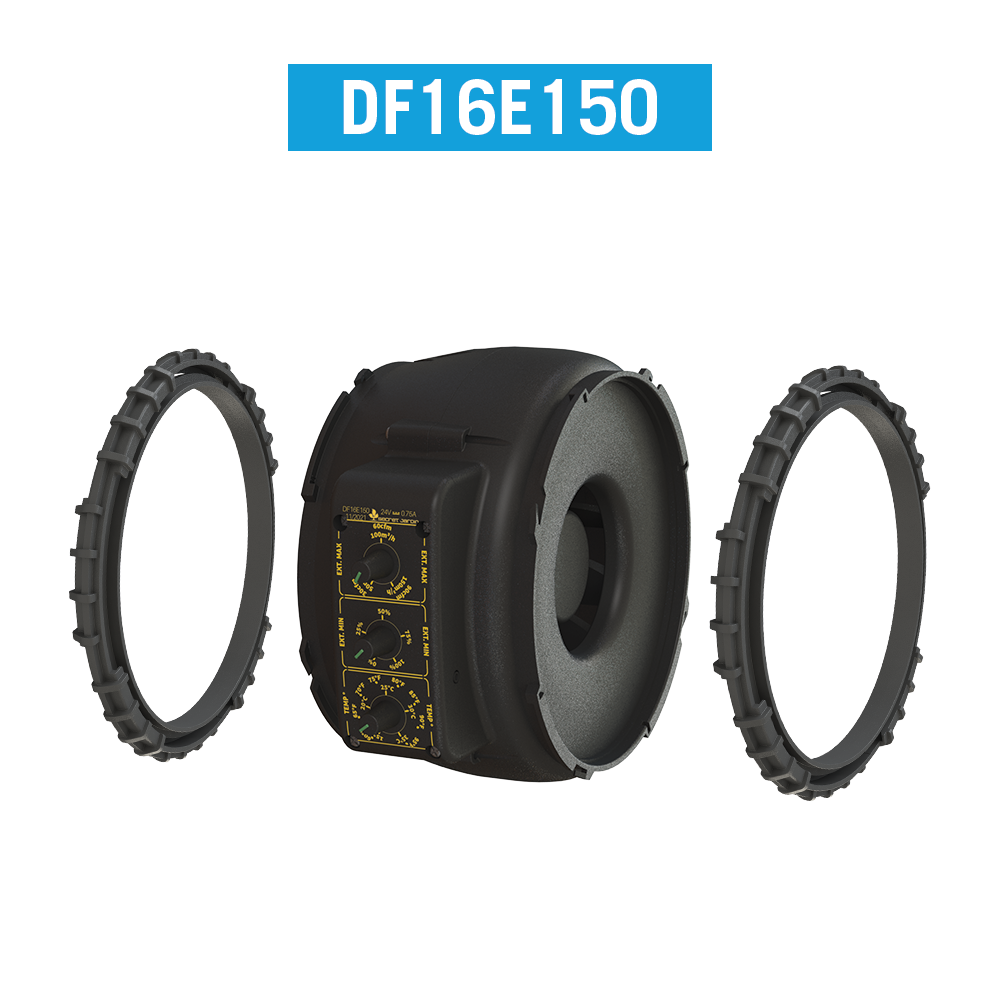 Secret Jardin DF16E150 extraction fan with control dials and duct connector rings