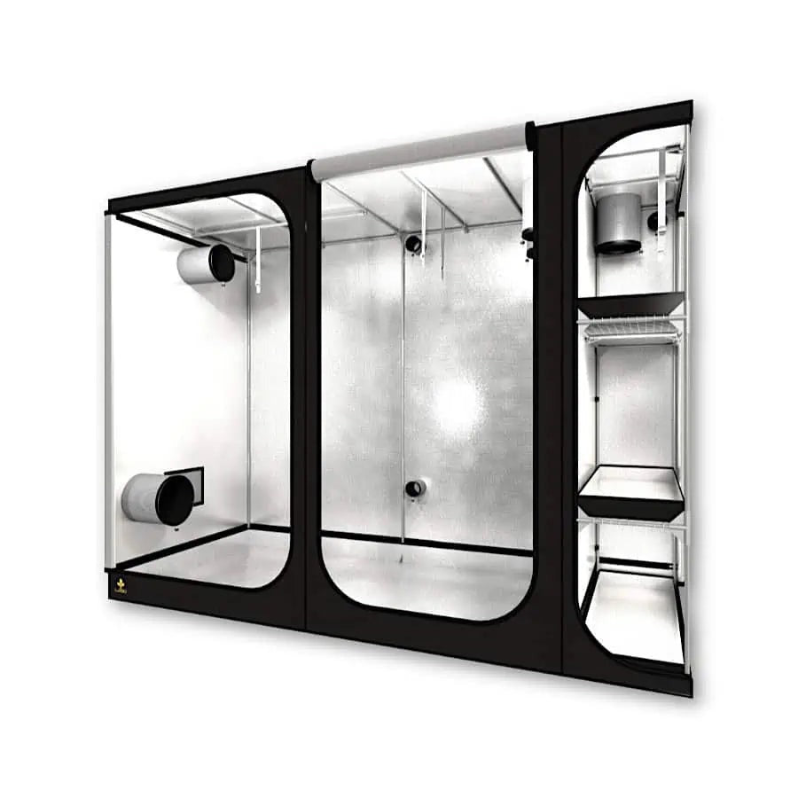 Secret Jardin Lodge Grow Tent L280 from an angle, showing the shelved side column