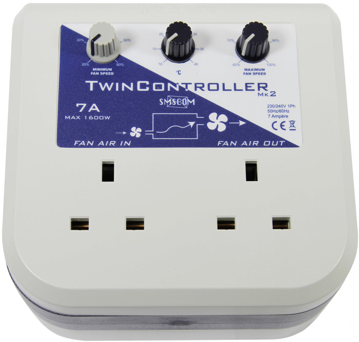 SMSCom TwinController Mk2 7A, fan speed and temperature dials, UK sockets
