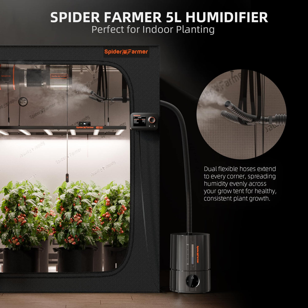 Spider Farmer 5L Smart Cool Mist Humidifier misting through twin hoses inside a grow tent