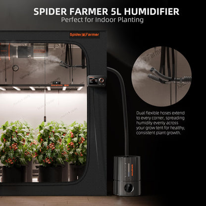 Spider Farmer 5L Smart Cool Mist Humidifier misting through twin hoses inside a grow tent
