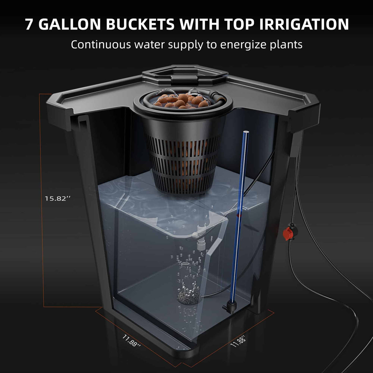 Spider Farmer DWC Hydroponics Grow System 7-gallon bucket with net cup, drip ring and dimensions