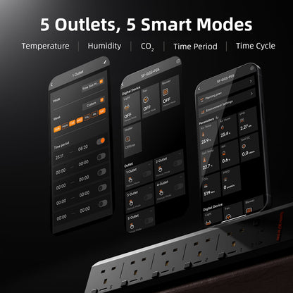 Spider Farmer GGS AC5 Power Strip Kit app screens showing the 5 independent outlet programs