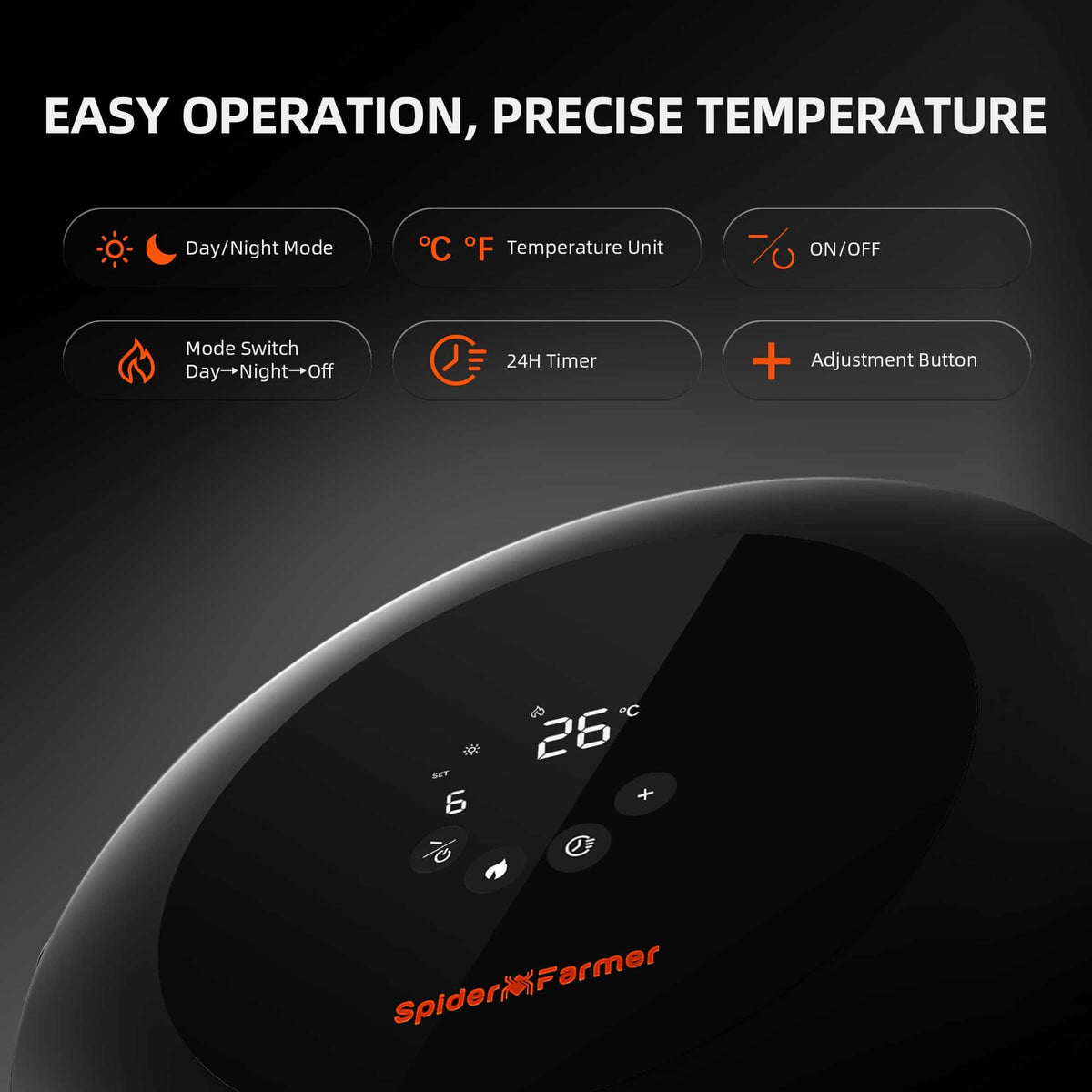 Spider Farmer Grow Tent Heater control panel: day/night mode, timer, temperature unit and power buttons