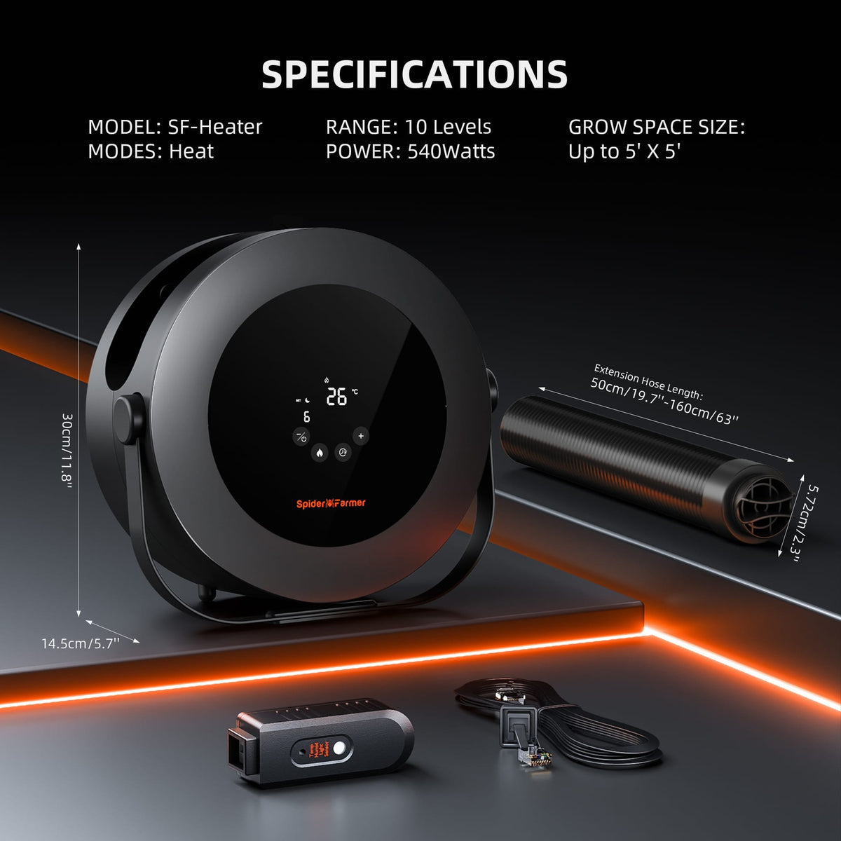 Spider Farmer Grow Tent Heater specifications: 540W, 10 levels, up to 5 x 5 ft, dimensions and sensor