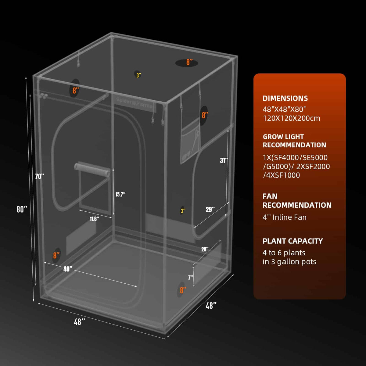 Spider Farmer Indoor Grow Tent 120 x 120 x 200cm dimensions, ports and window positions