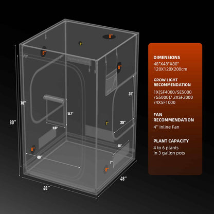 Spider Farmer Indoor Grow Tent 120 x 120 x 200cm dimensions, ports and window positions