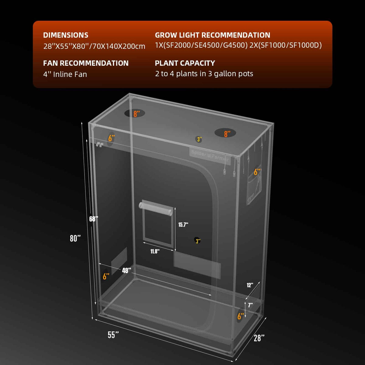 Spider Farmer Indoor Grow Tent 140 x 70 x 200cm dimensions, ports and window positions