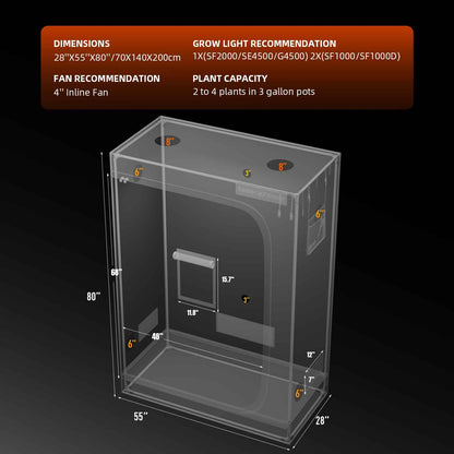 Spider Farmer Indoor Grow Tent 140 x 70 x 200cm dimensions, ports and window positions