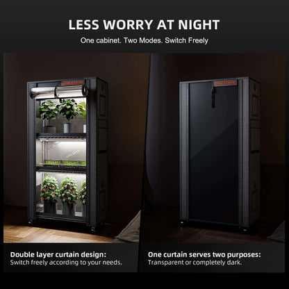 Spider Farmer Plant Stand with Grow Lights with the transparent and blackout front curtains