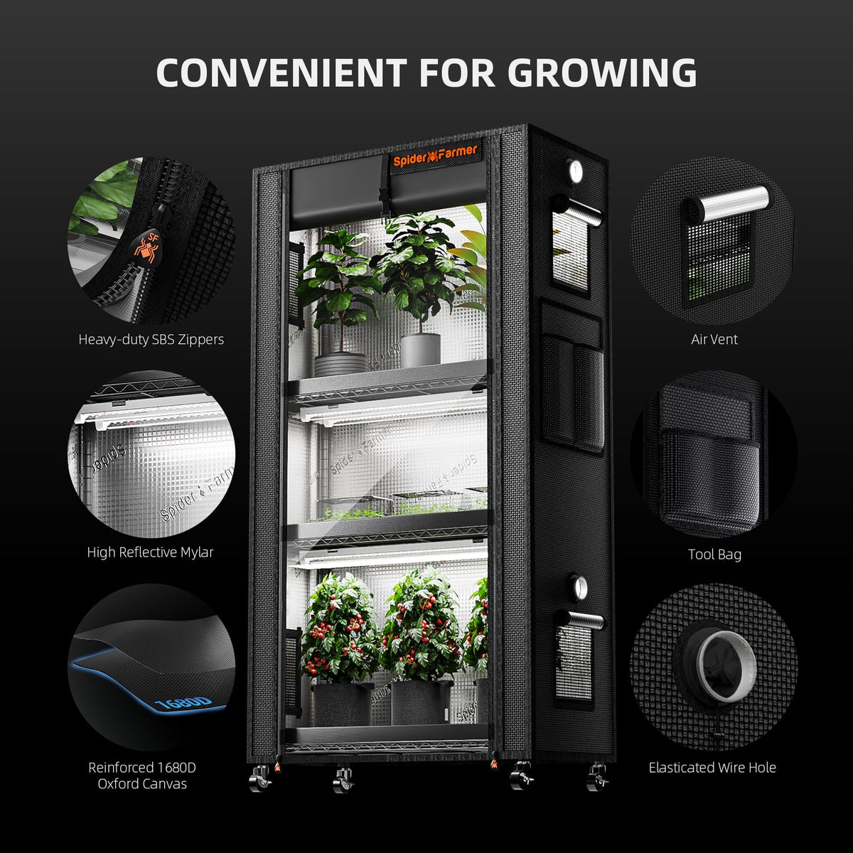 Spider Farmer Plant Stand with Grow Lights cover details: zips, air vent, reflective lining, tool bag and cable port
