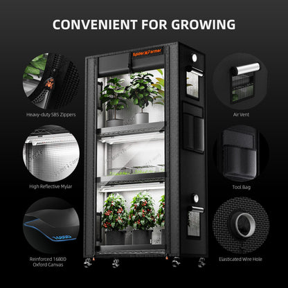 Spider Farmer Plant Stand with Grow Lights cover details: zips, air vent, reflective lining, tool bag and cable port