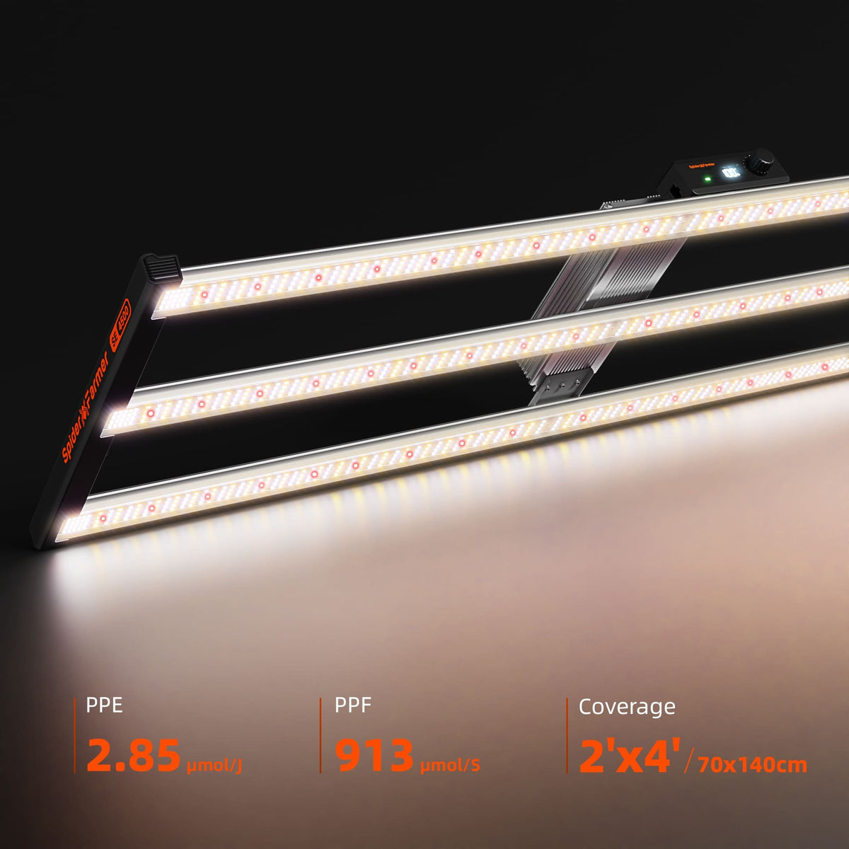 Spider Farmer SE4500 LED Grow Light lit, with 2.85 µmol/J, 913 µmol/s and 70 x 140 cm coverage