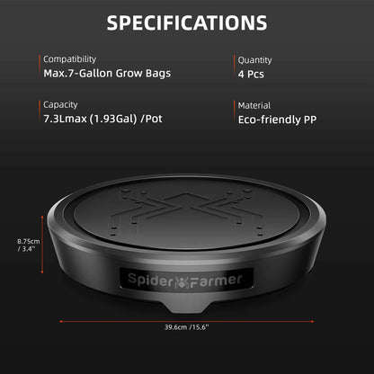 Spider Farmer Self-Watering System base specifications: 39.6 cm wide, 8.75 cm high, 7.3 L