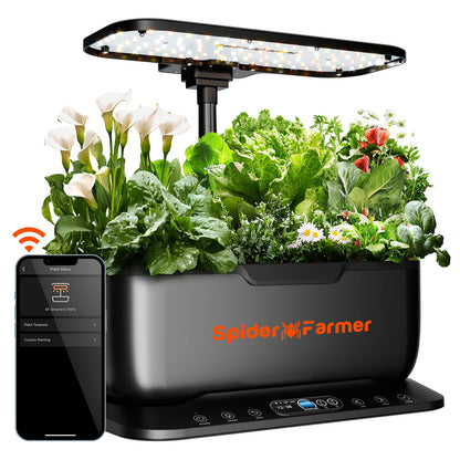 Spider Farmer SmartG12 Hydroponic Kit growing calla lilies, lettuce and strawberries under its LED light