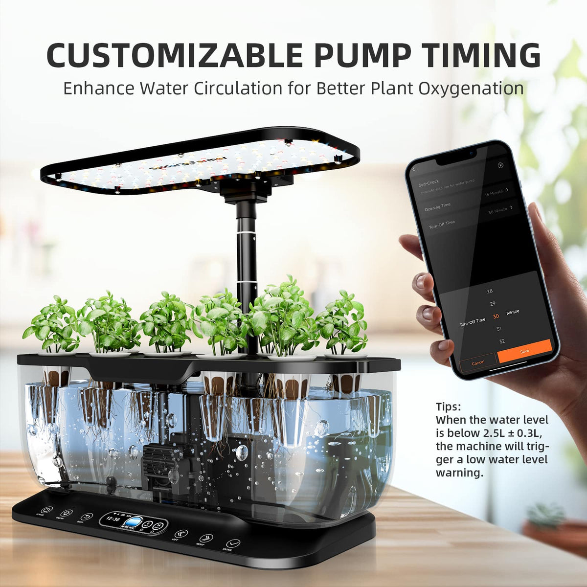 Spider Farmer SmartG12 Hydroponic Kit cutaway showing plant roots in the 6L water reservoir