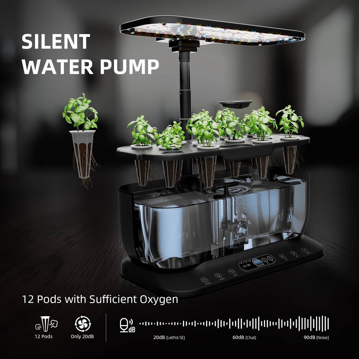 Spider Farmer SmartG12 Hydroponic Kit detail of the 12-pod tray and silent water pump