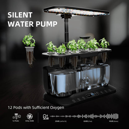 Spider Farmer SmartG12 Hydroponic Kit detail of the 12-pod tray and silent water pump