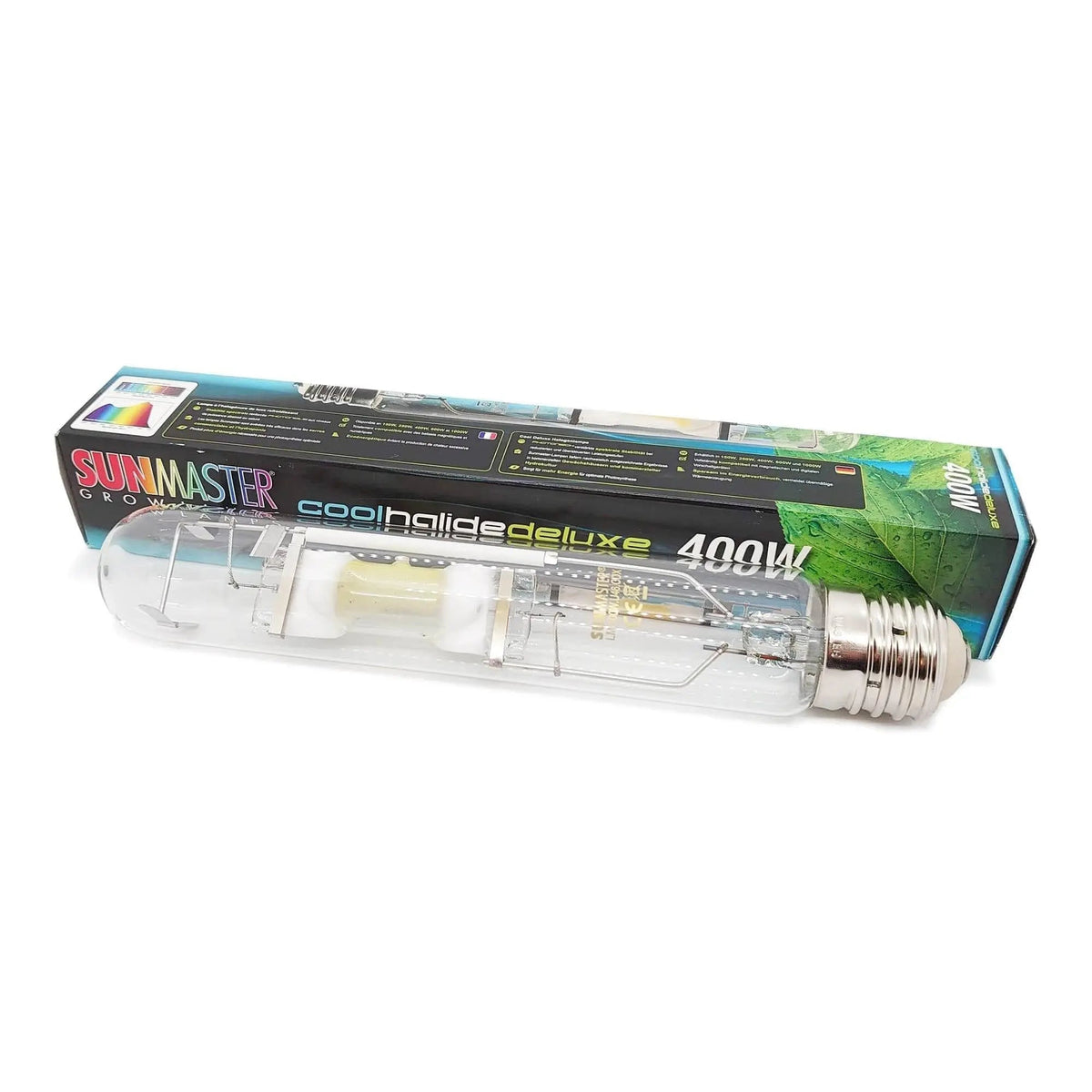 Sunmaster Cool Deluxe Metal Halide Bulb 400W beside its Cool Deluxe retail packaging