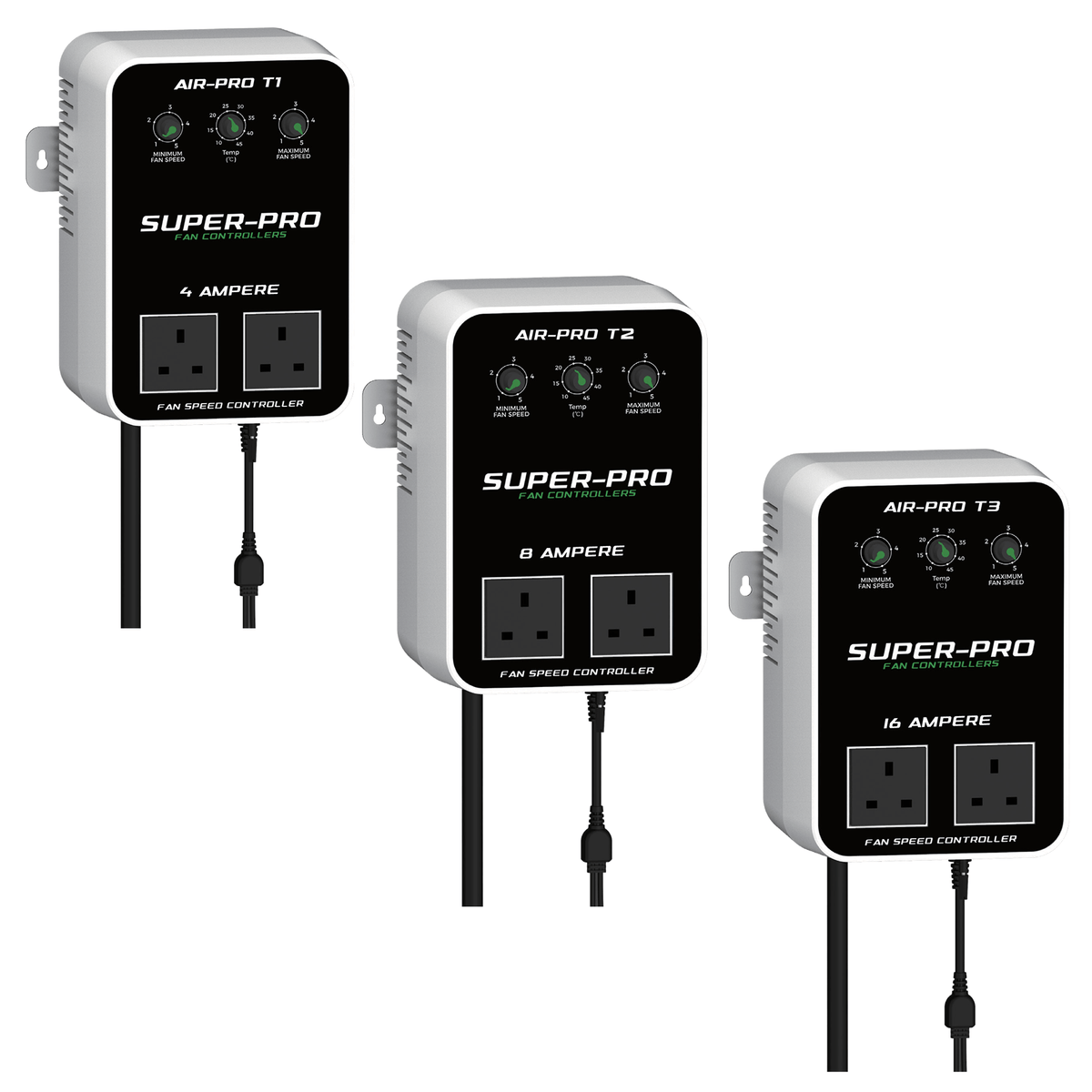 Super-Pro Air-Pro T-Series Fan Controller T1, T2 and T3 models side by side