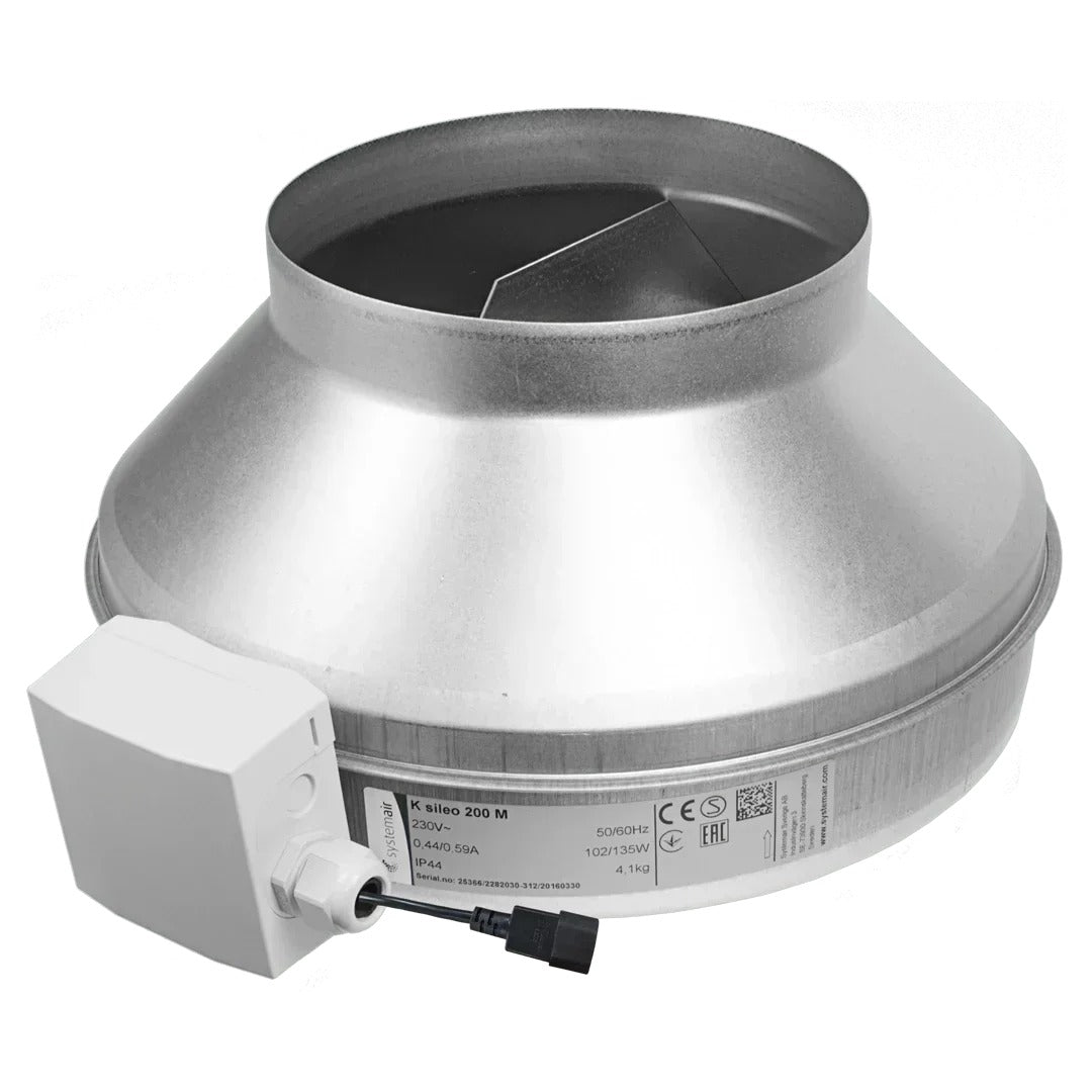 Systemair K AC Inline Duct Fan 8" (200mm) M side view showing the inlet cone, terminal box and rating plate