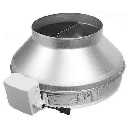 Systemair K AC Inline Duct Fan 8" (200mm) M side view showing the inlet cone, terminal box and rating plate