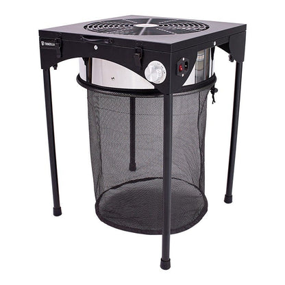 Trimzilla 16" Quick Cut Leaf Trimmer on its freestanding legs with mesh collection basket