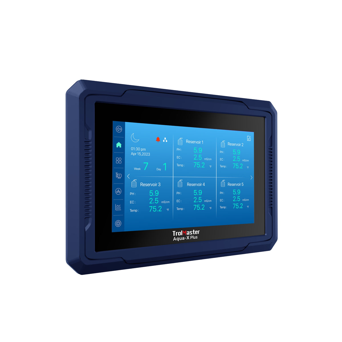 TrolMaster Aqua-X Plus NFS-3 Controller angled view of the 7in touchscreen