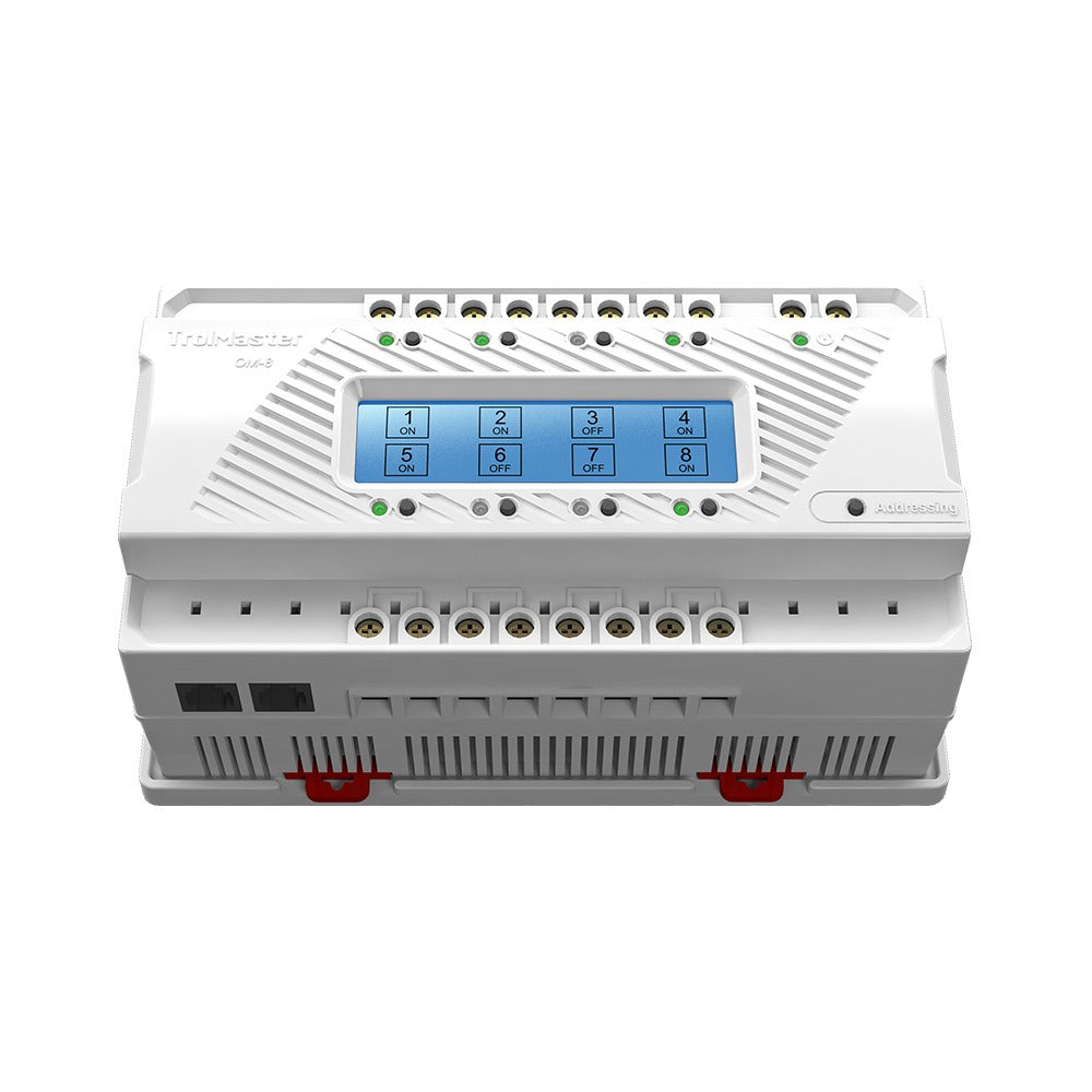 TrolMaster OM-8 Dry Contact Board front view with LCD and RJ12 ports