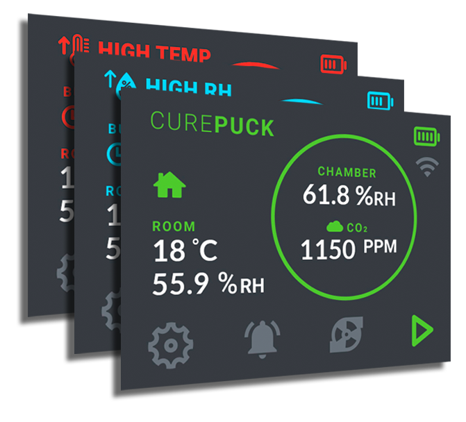 Twister Cure Puck Gen 2 — on-device screens showing humidity, CO2 and alerts